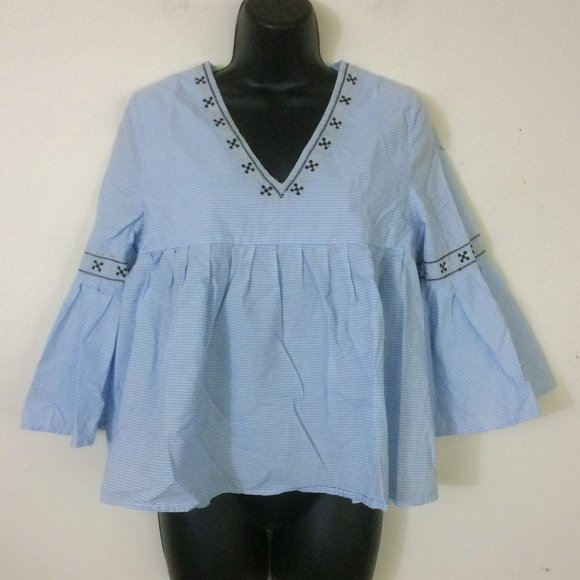 Anthro Moon River Pinstripe Embroidered Top M - Picture 3 of 13